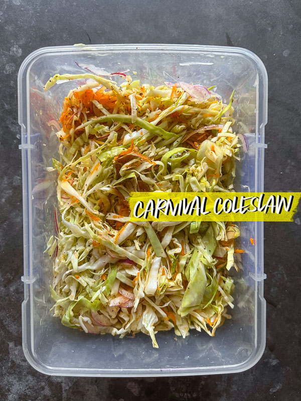 Carnival Coleslaw is sweet and tangy and flavored with celery seeds. Find the recipe on Shutterbean.com