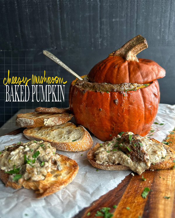 Cheesy Mushroom Baked Pumpkin is an incredible appetizer for your Autumn and Winter parties. Pair with crusty bread and DIP! Find the recipe on Shutterbean.com