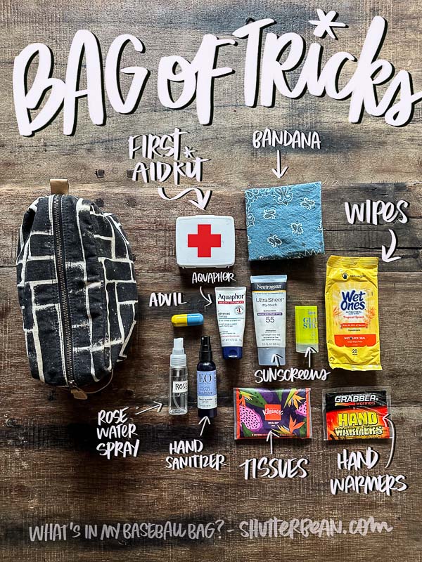 Baseball Mom Bag Essentials- Tracy Benjamin of Shutterbean.com shares what she carries with her to baseball tournments & games. 