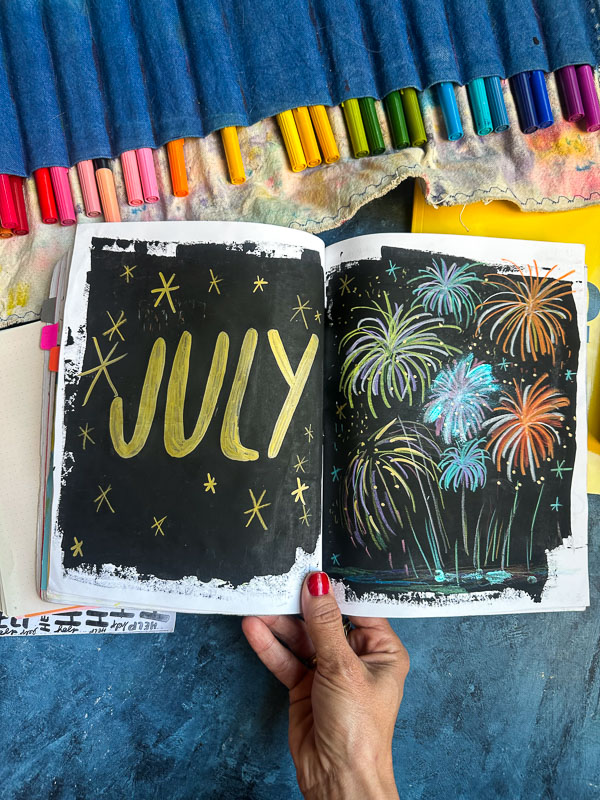 July pages of the Currently Workbook by Tracy Benjamin of The Handwriting Club
