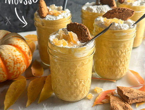 Creamy Ginger Pumpkin Mousse made with pumpkin, warm spices, fresh ginger, and homemade whipped cream. An easy, egg-free fall dessert perfect for Thanksgiving.