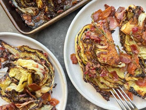 Try this Maple Bacon Cabbage recipe! Roasted cabbage wedges with crispy bacon and a homemade maple Dijon dressing. Easy, flavorful, gluten-free side dish for fall dinners, Thanksgiving, or meal prep. #vegetableside #cabbagerecipes #shutterbean
