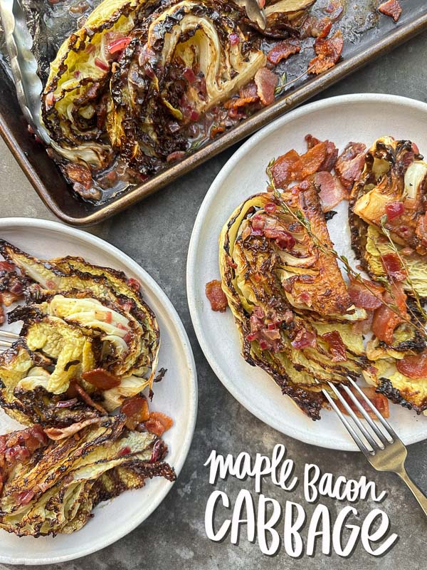 Try this Maple Bacon Cabbage recipe! Roasted cabbage wedges with crispy bacon and a homemade maple Dijon dressing. Easy, flavorful, gluten-free side dish for fall dinners, Thanksgiving, or meal prep. #vegetableside #cabbagerecipes #shutterbean